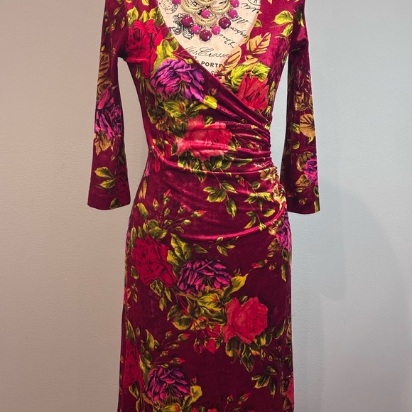 Vintage Betsey Johnson Red Floral Velvet 3/4 Sleeve Dress - Picture 1 of 6